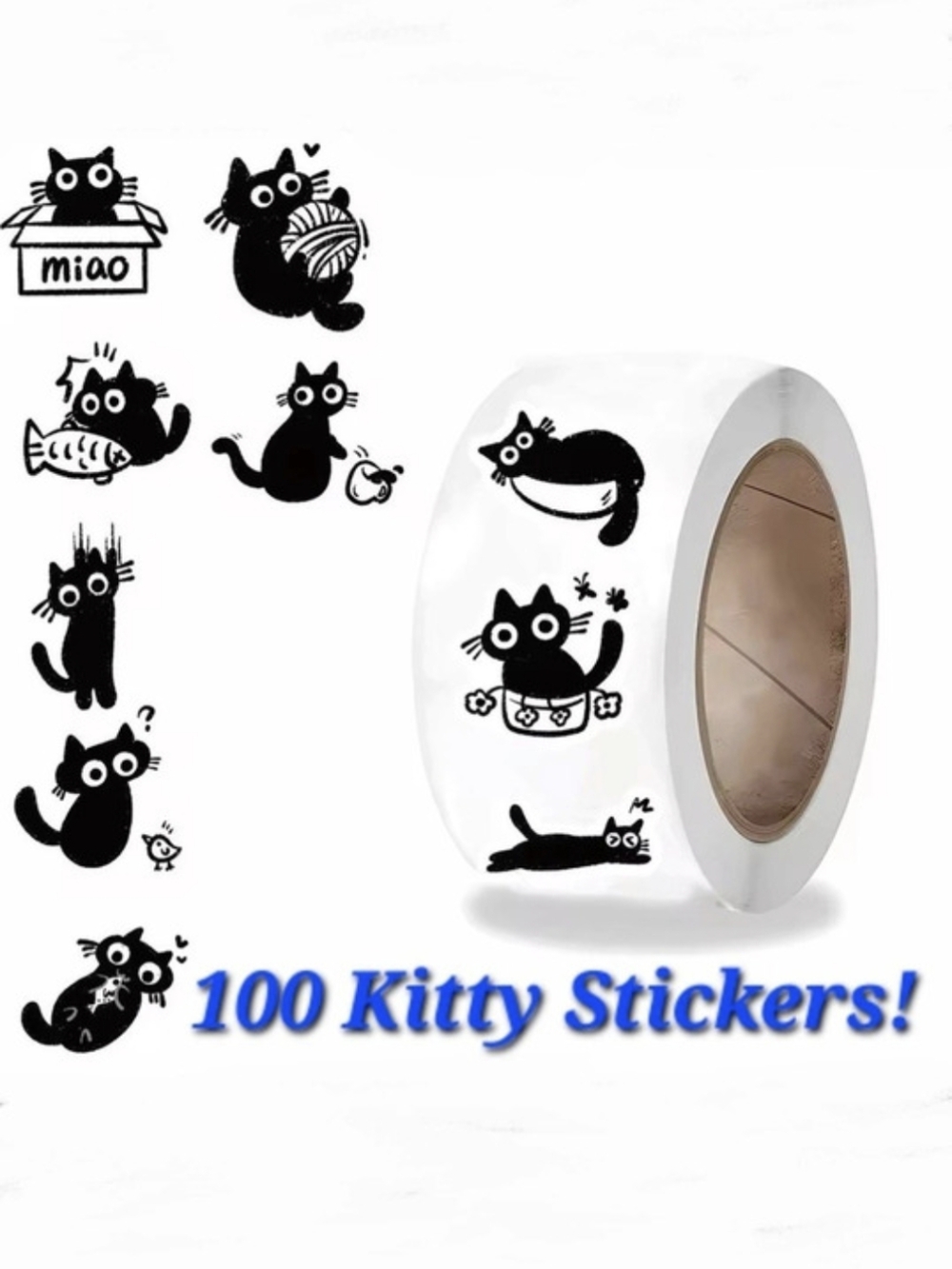 100 Black & White Kitty Stickers